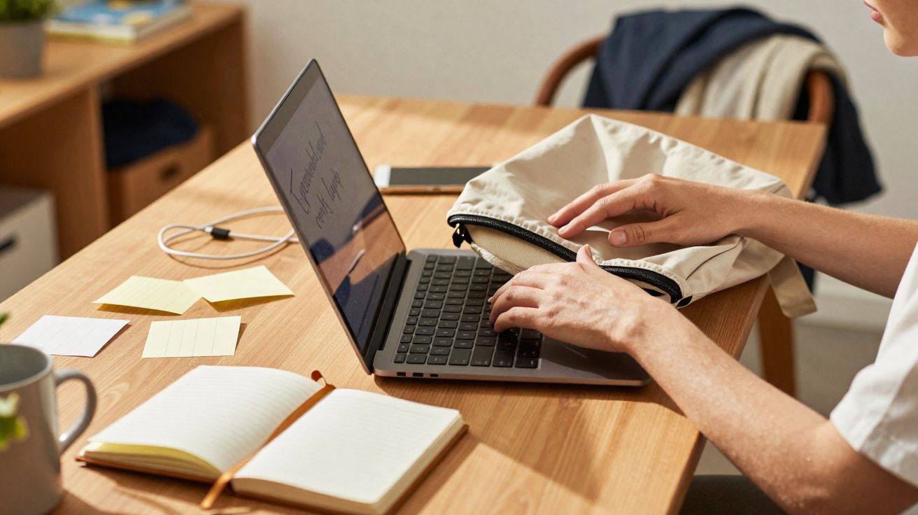 Pessoa a arrumar um computador portátil numa mala numa secretária com caderno aberto, notas adesivas e caneca.