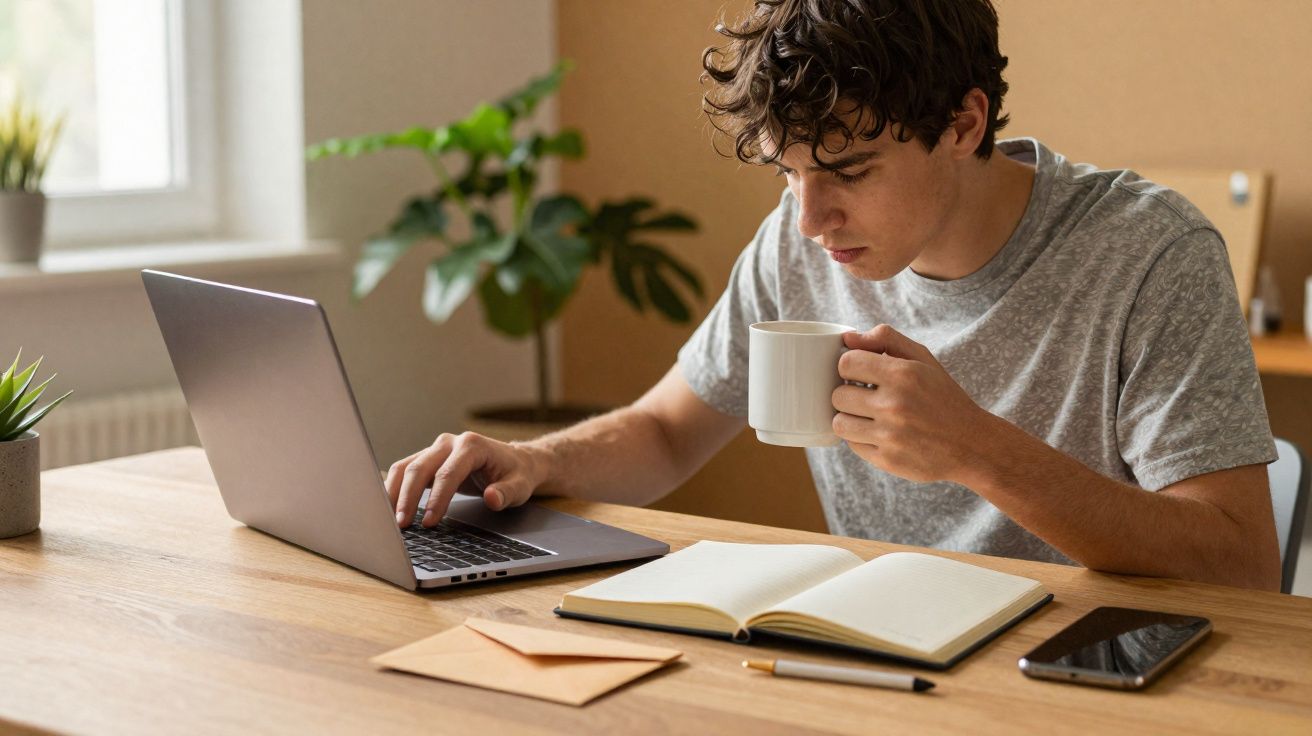 Jovem a trabalhar num computador portátil com uma chávena na mão e objetos de escritório numa mesa de madeira.