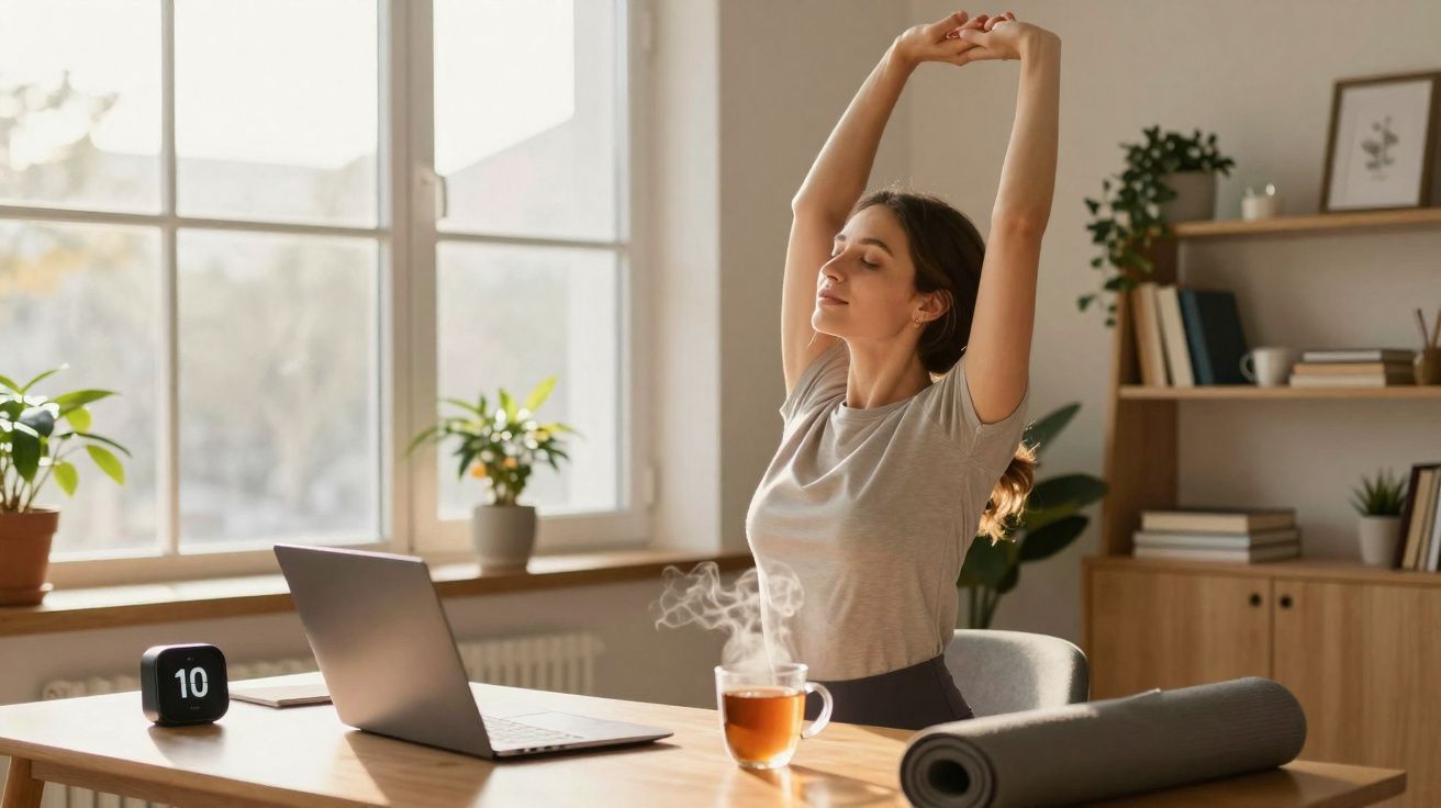 Mulher estica os braços sentada à secretária com computador, chá quente e relógio que marca 10 horas.