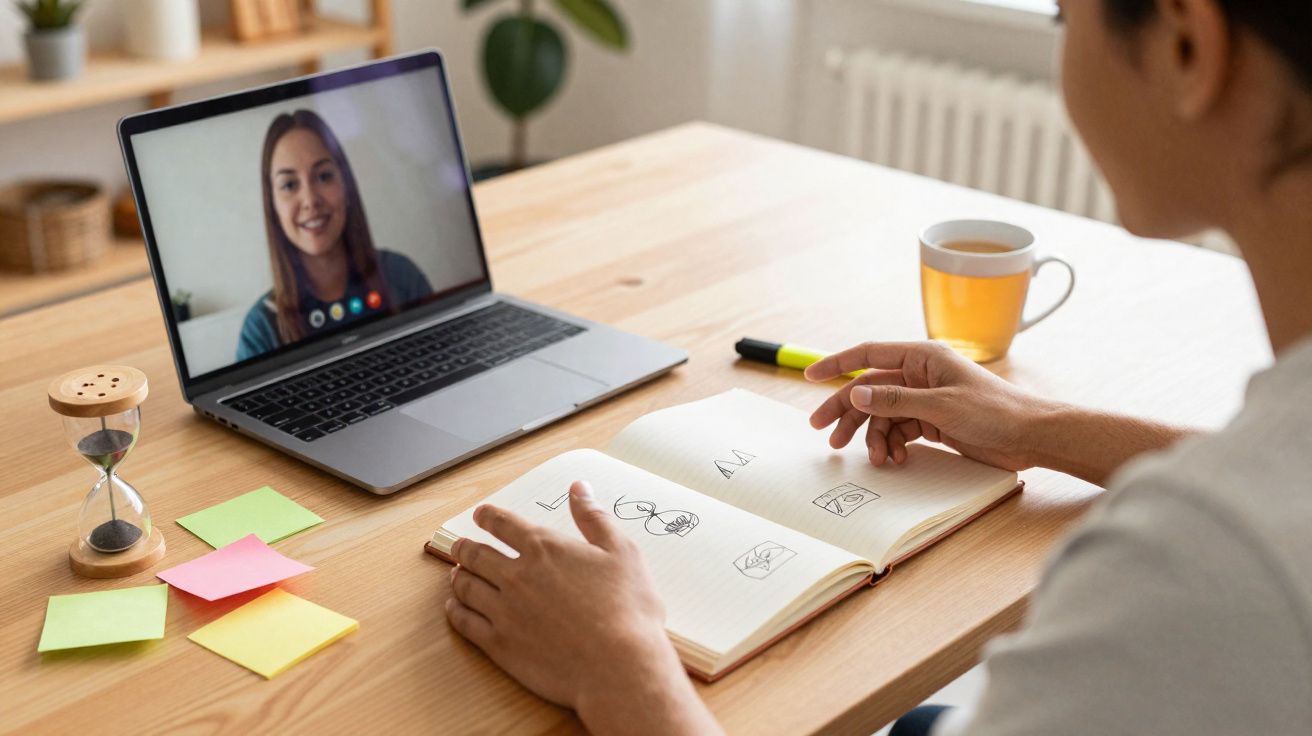 Pessoa a participar numa videochamada, com caderno de desenhos e objetos de escritório numa mesa de madeira.