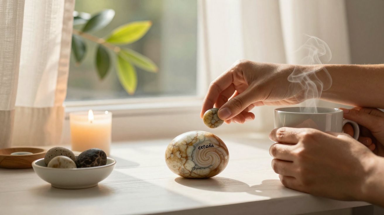 Mãos junto a chá quente, velas acesas e pedras decorativas num ambiente calmo junto à janela.