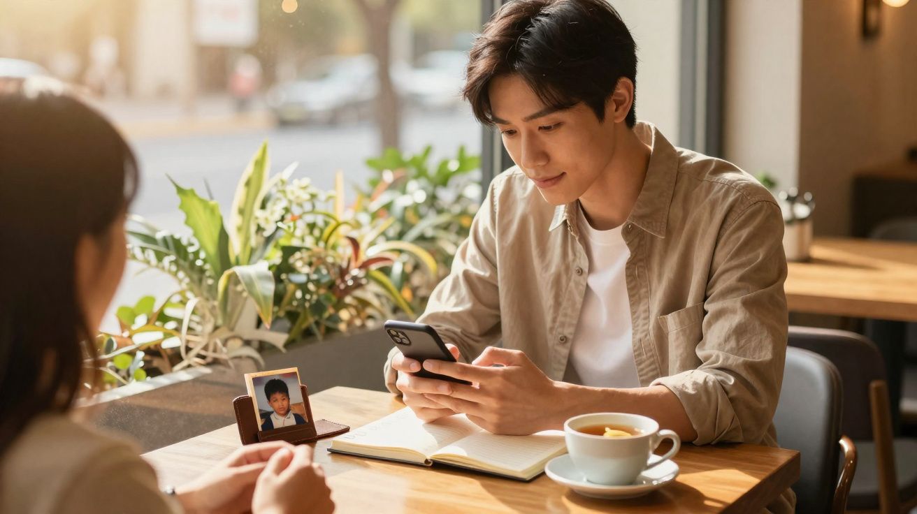 Jovem sentado numa mesa de café, a usar o telemóvel, com chá e uma foto de criança à sua frente.