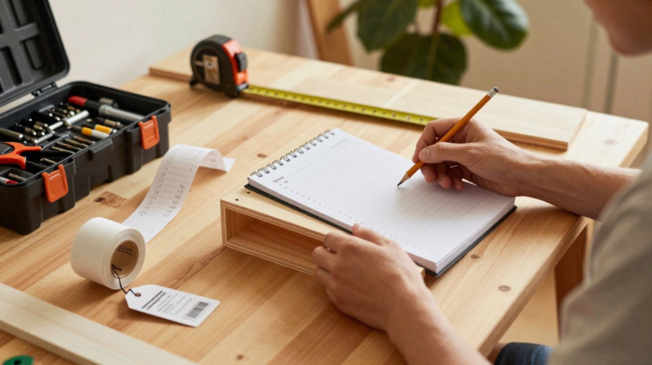 Mãos a escrever num caderno sobre uma mesa de madeira com ferramentas e fita métrica ao lado.