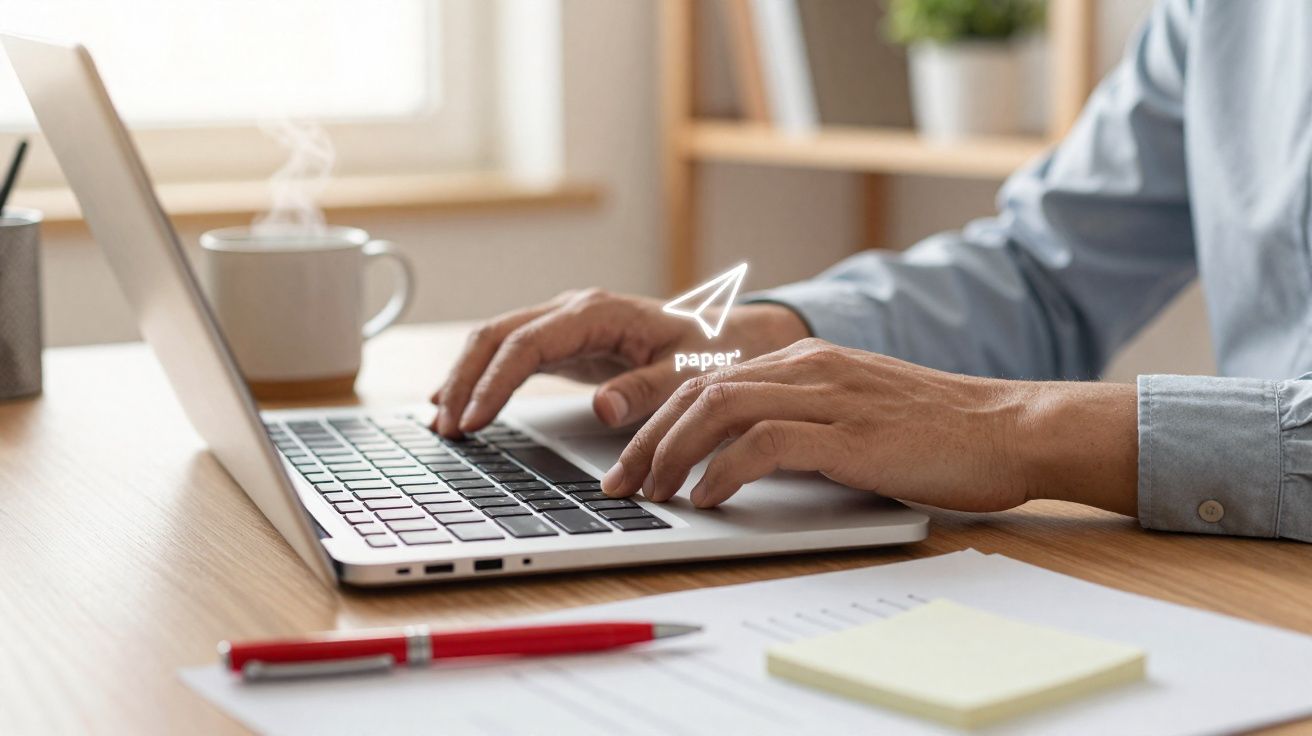 Mãos a digitar num portátil sobre uma secretária com caneta, papéis, nota adesiva e chá quente ao fundo.