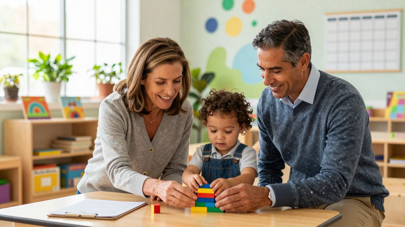 Criança a construir torres de blocos coloridos com a ajuda de dois adultos sorridentes numa sala de aula.