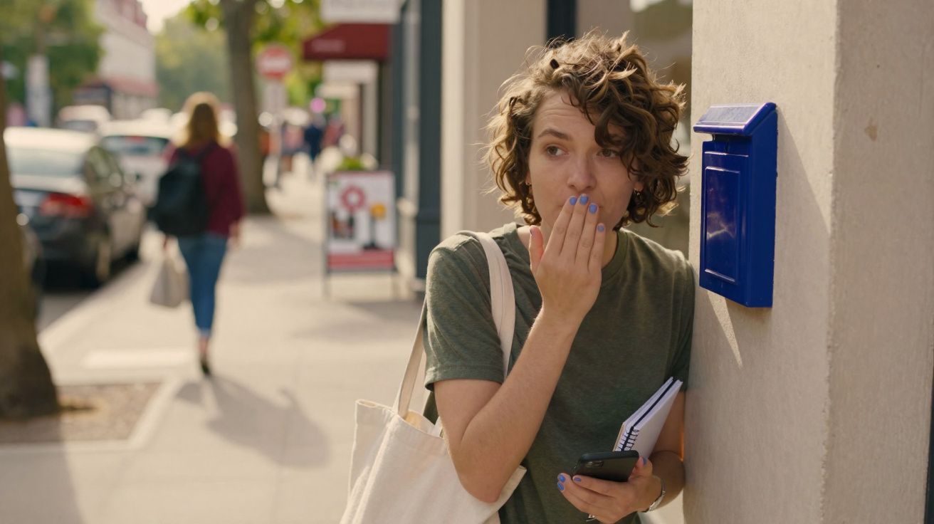 Mulher jovem segura caderno e telemóvel junto a caixa de correio azul numa rua com expressão surpresa.