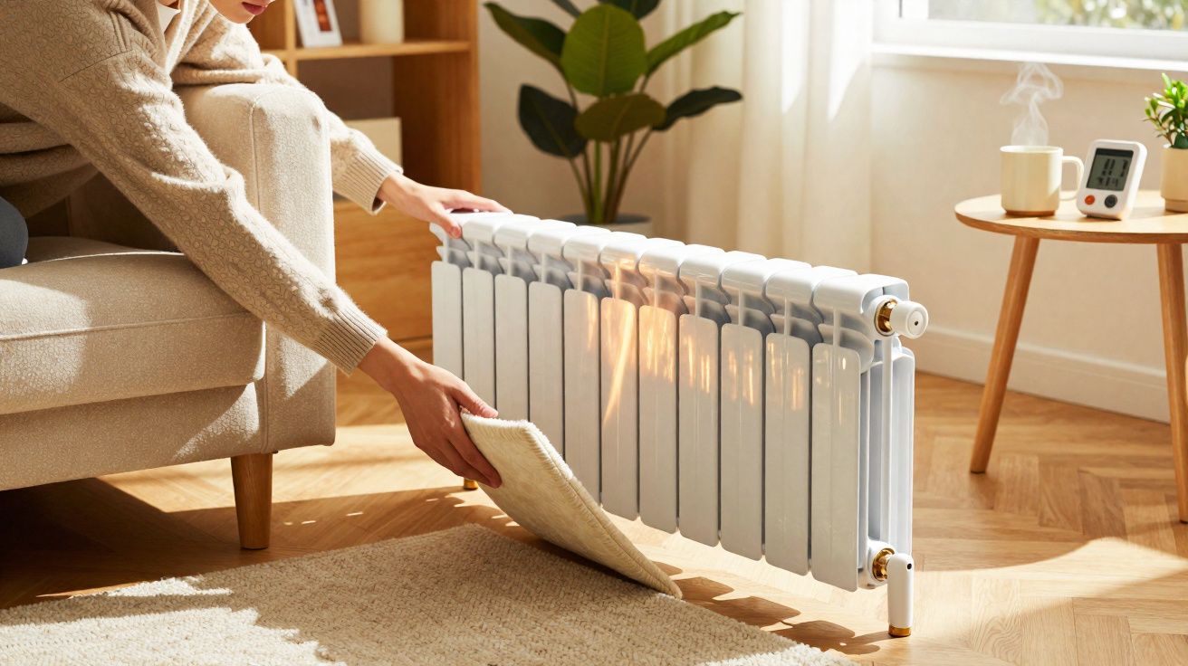Pessoa a colocar tapete junto a radiador ligado numa sala com luz natural.