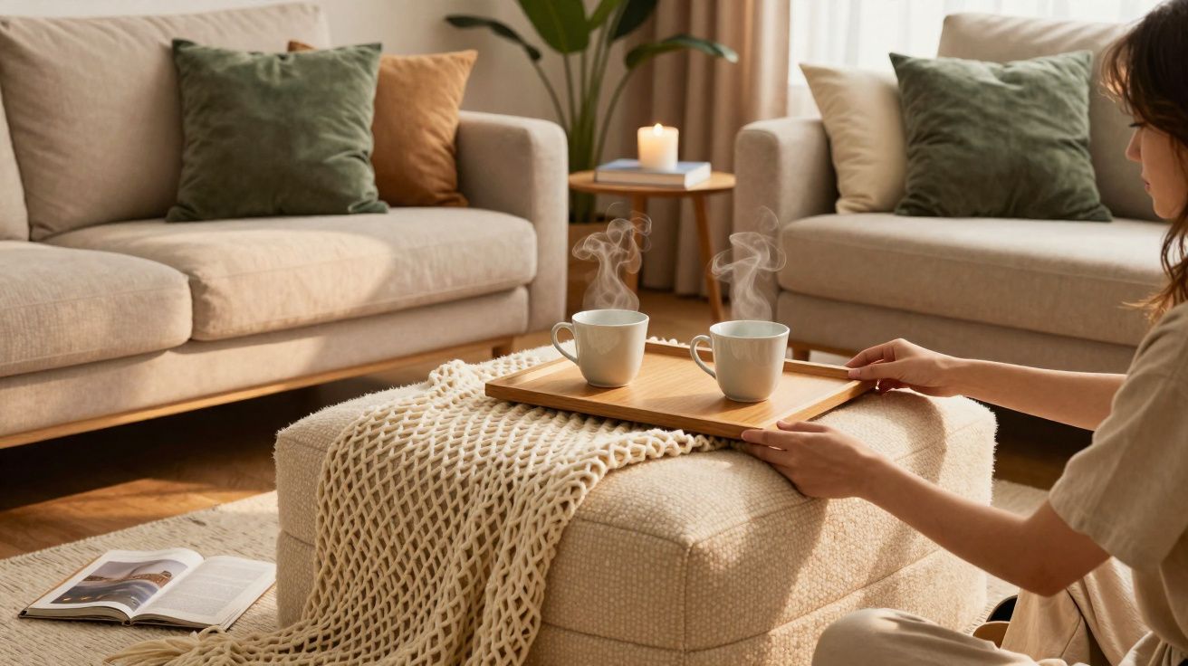 Pessoa a colocar bandeja com duas chávenas de café em mesa de centro com manta junto a sofá confortável.