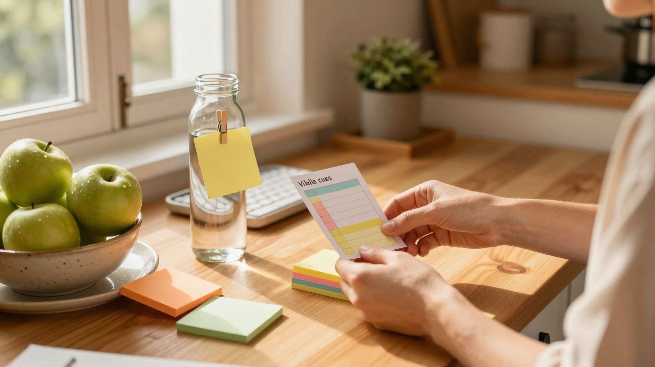 Pessoa a segurar notas coloridas num ambiente de trabalho com maçãs verdes e garrafa de água na secretária.