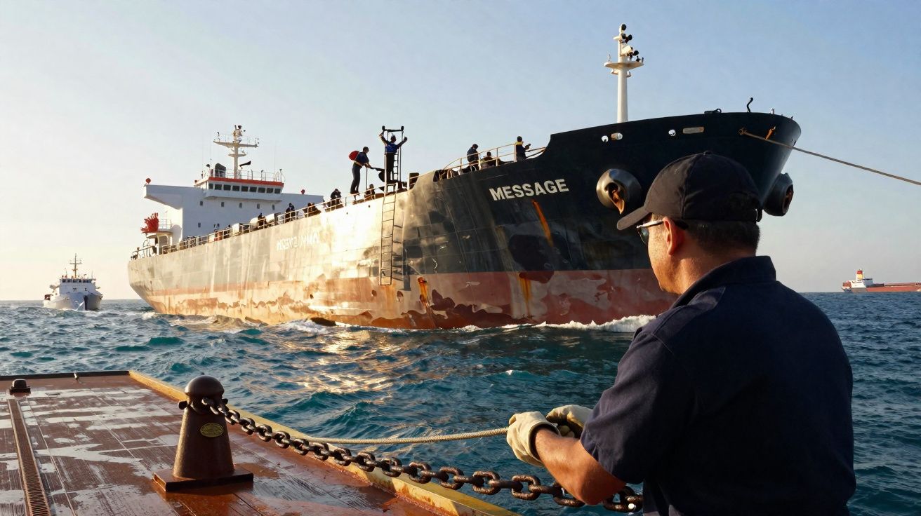 Homem em barco a puxar corda enquanto navio cargueiro preto chamado Message se aproxima no mar calmo.
