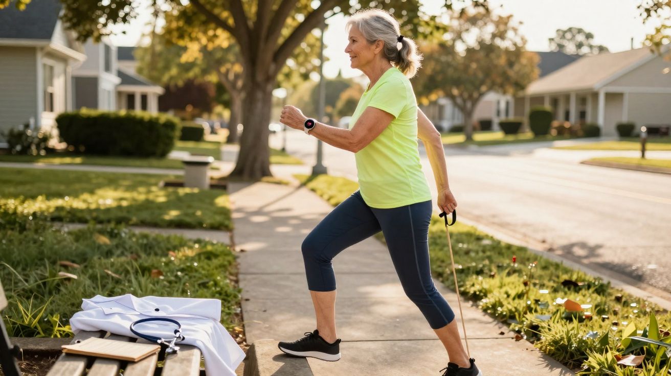 Mulher sénior a fazer alongamentos na calçada de um bairro residencial ao ar livre.