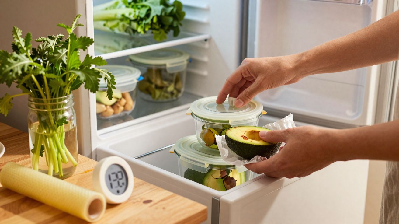 Mãos a guardar abacate cortado em tupperwares dentro de frigorífico aberto, com ervas frescas numa jarra ao lado.