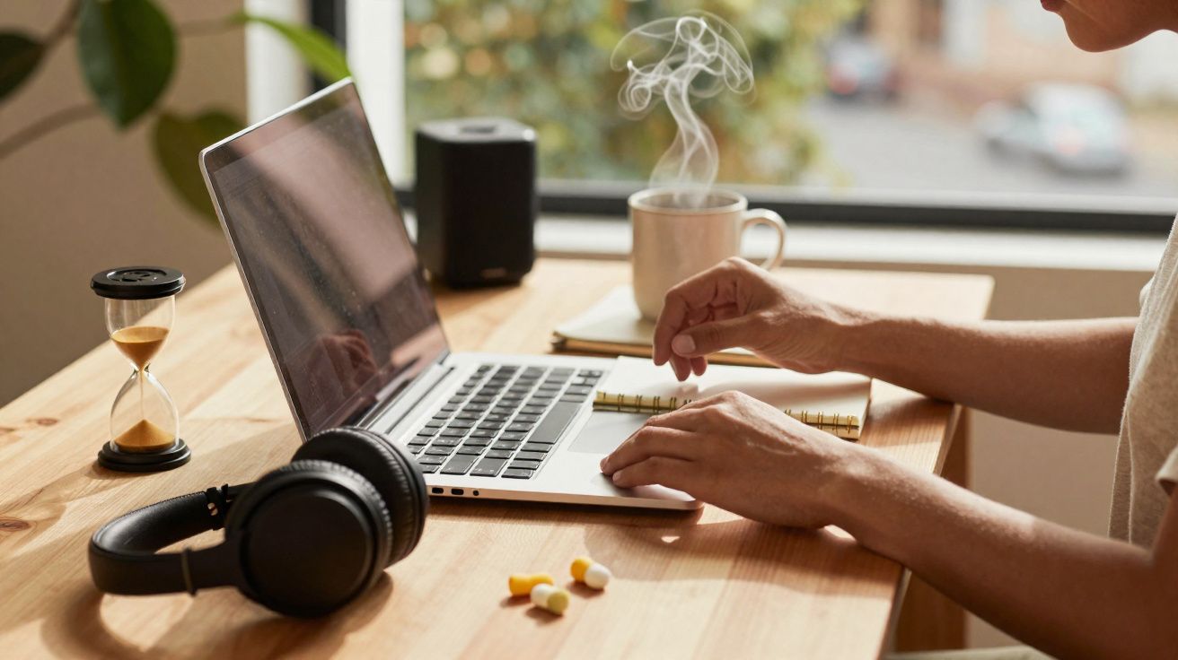 Pessoa a usar portátil numa mesa com auscultadores, ampulheta, café fumegante e pastilhas de vitaminas.