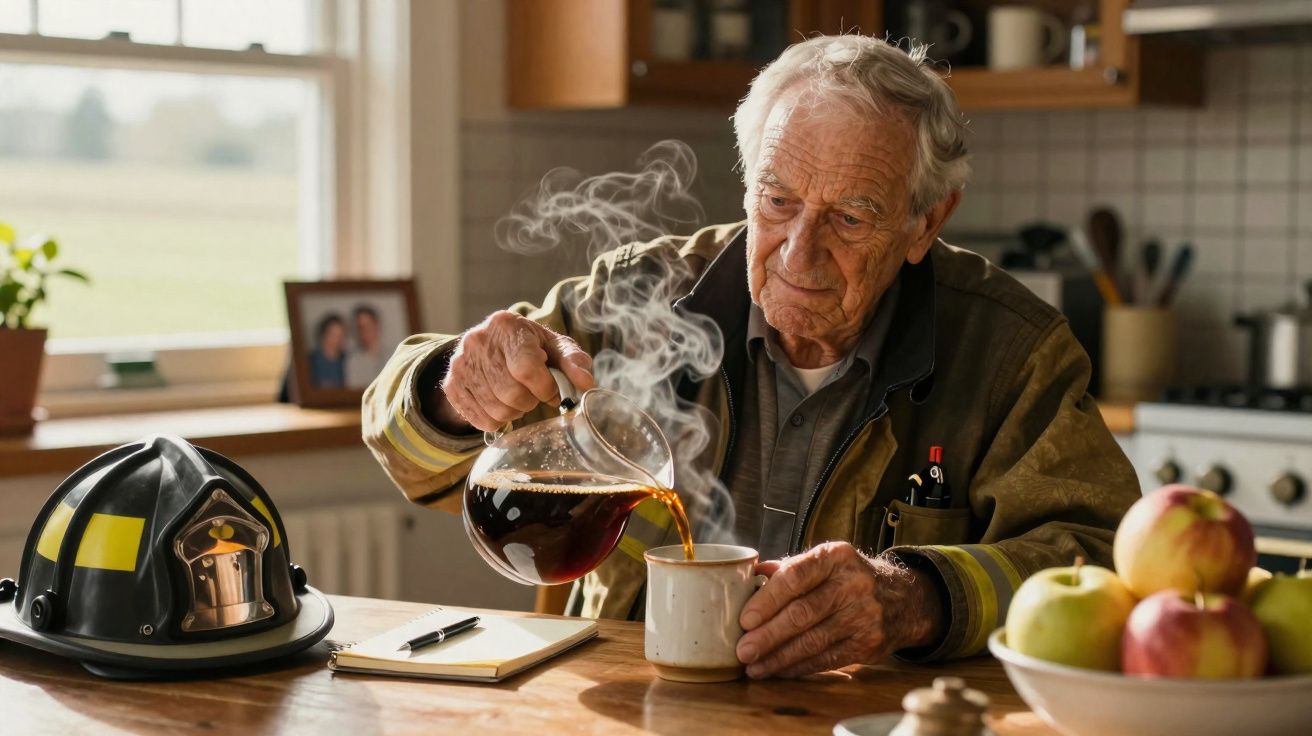 Idoso vestindo uniforme de bombeiro a servir café numa caneca numa cozinha acolhedora.