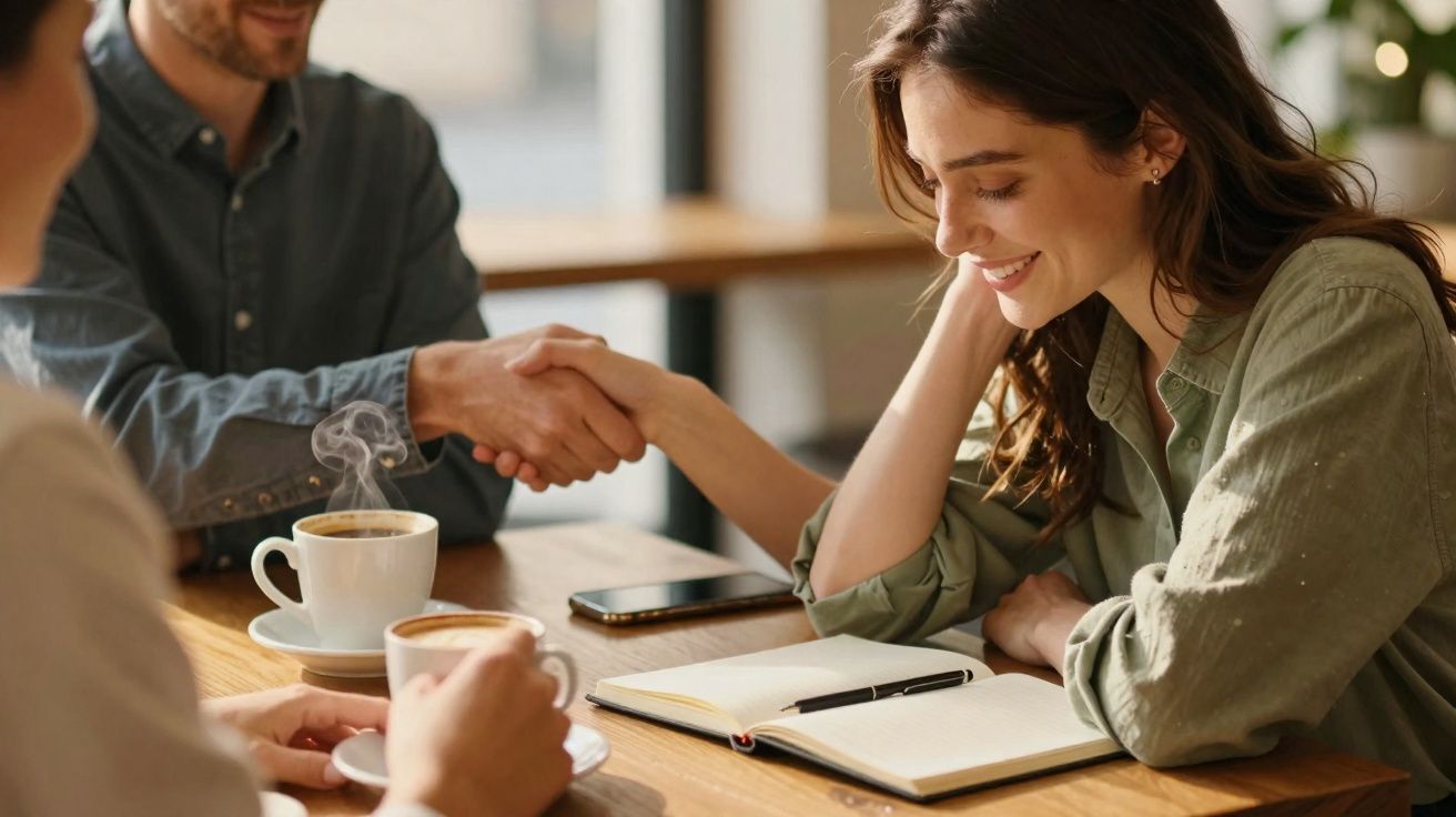 Três pessoas sentadas à mesa com café, uma sorrindo e outra a cumprimentar com aperto de mão.