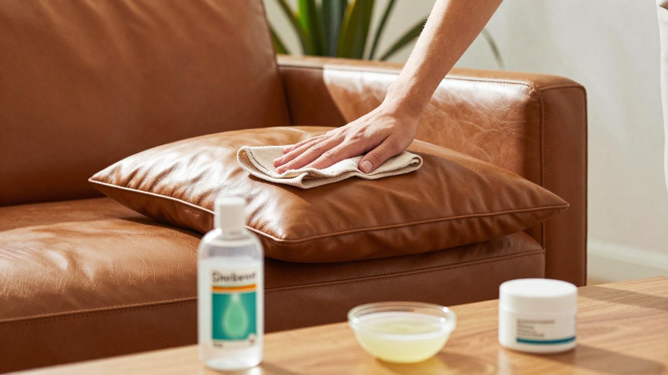 Pessoa a limpar almofada de couro castanho num sofá com pano, com produtos de limpeza numa mesa à frente.