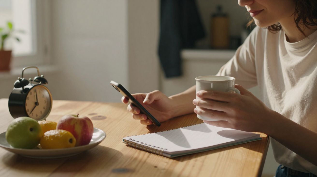 Pessoa a segurar um telemóvel e uma caneca, com caderno aberto e fruta num prato sobre a mesa.