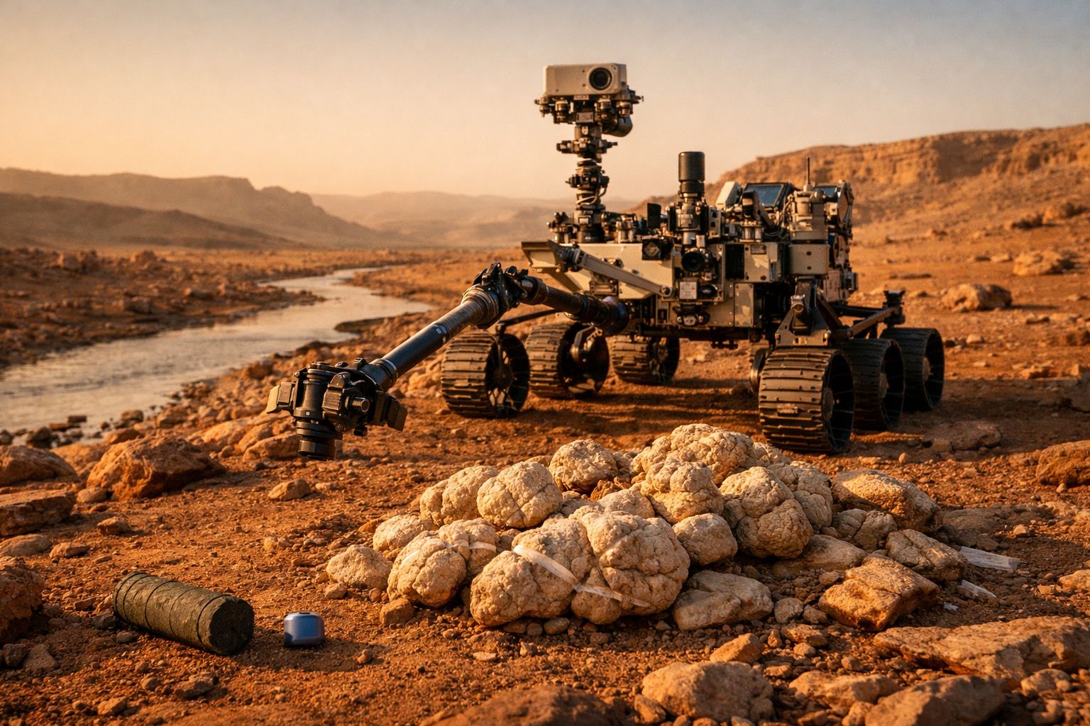 Rover explorador em terreno árido junto a rochas e um rio em paisagem marciana ao pôr do sol.
