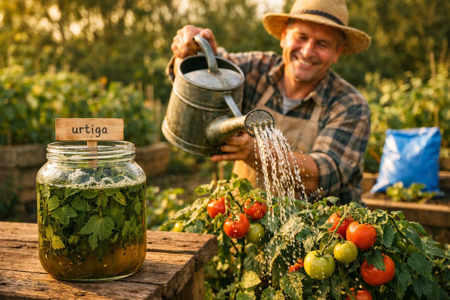 Homem a regar tomateiras num jardim com um jarro de urtiga ao lado sobre uma mesa de madeira.