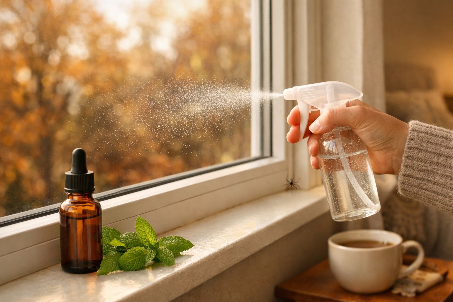 Pessoa borrifando líquido contra aranha numa janela com garrafa, folhas de hortelã e chá ao lado.