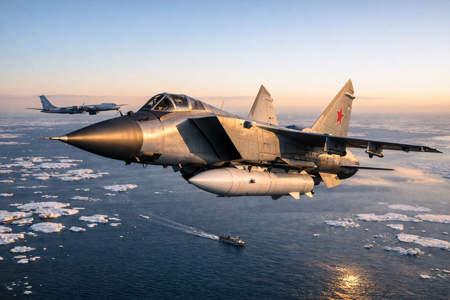 Avião militar russo de combate voando sobre o oceano com blocos de gelo e outro avião ao fundo.