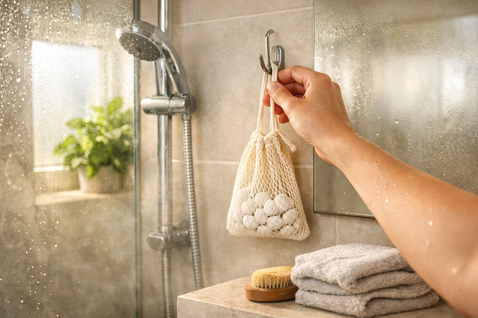 Mão pendura saco de malha com esferas dentro de chuveiro com toalhas e planta ao fundo.