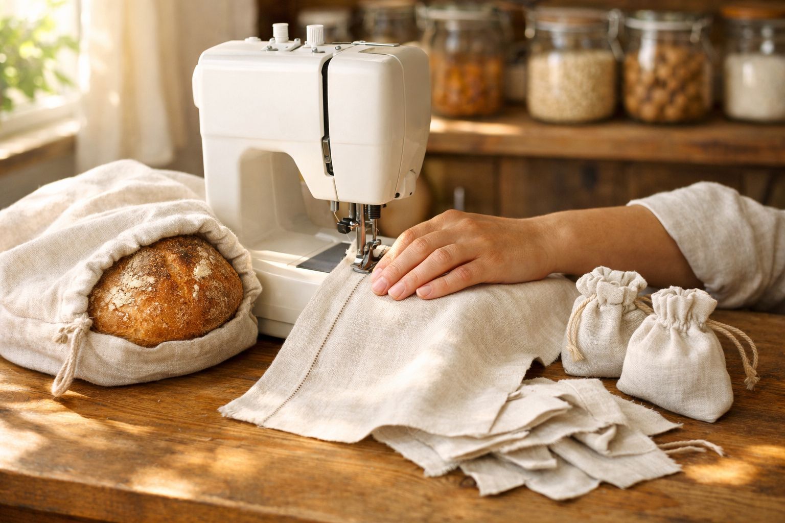 Pessoa a coser sacos de tecido reutilizáveis ao lado de um pão rústico e pequenos sacos de cordão.