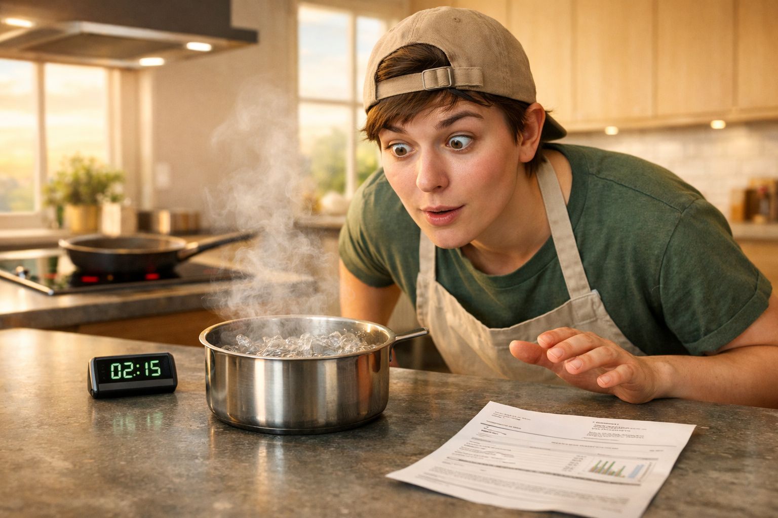 Pessoa jovem a observar surpreendida uma panela a ferver numa cozinha moderna.
