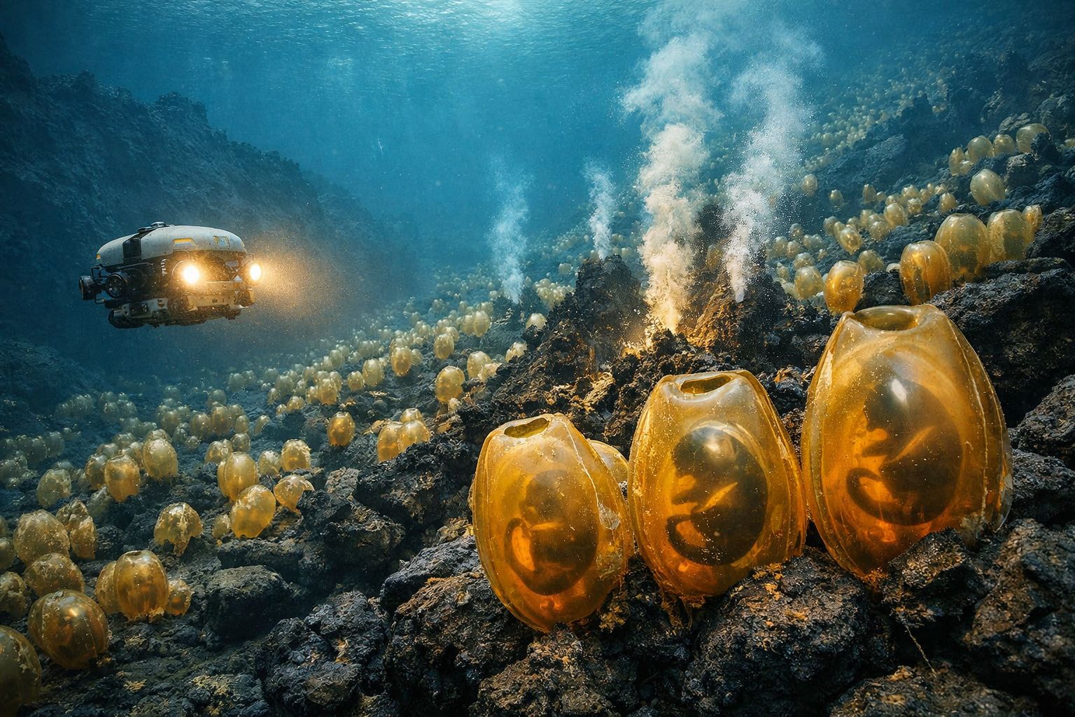 Veículo subaquático com luzes explora embriões em casulos translúcidos num terreno rochoso e fumegante.