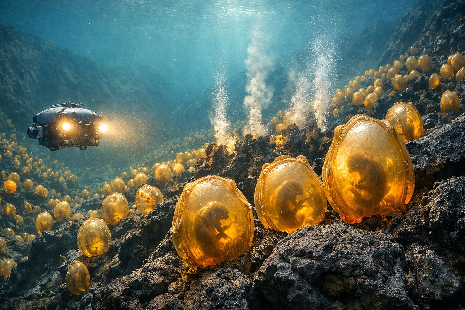 Veículo subaquático com luzes explora embriões dentro de casulos dourados no fundo do oceano volcânico.