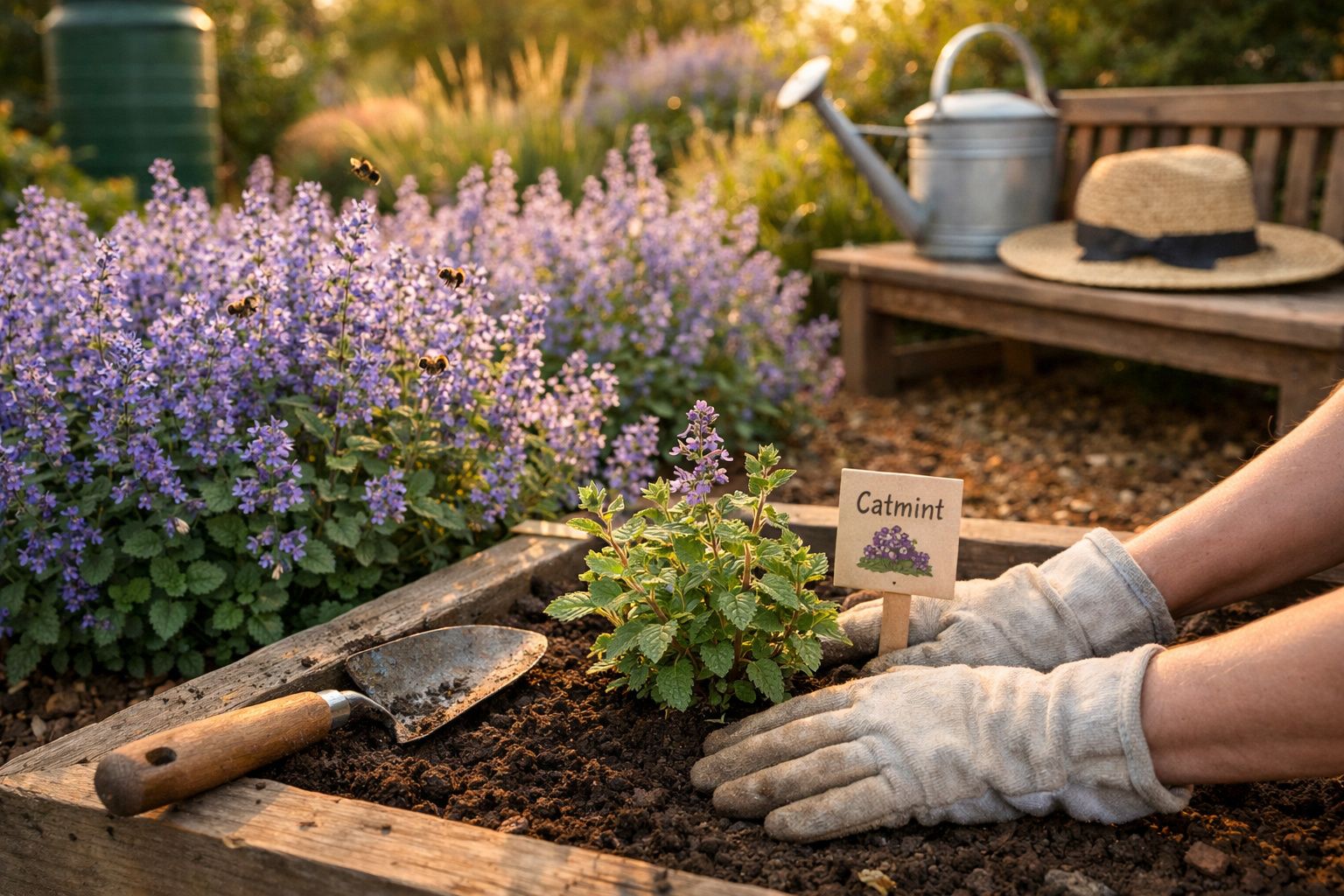Pessoa a plantar catmint numa pequena horta com flores lilases ao fundo, pá e regador visíveis.