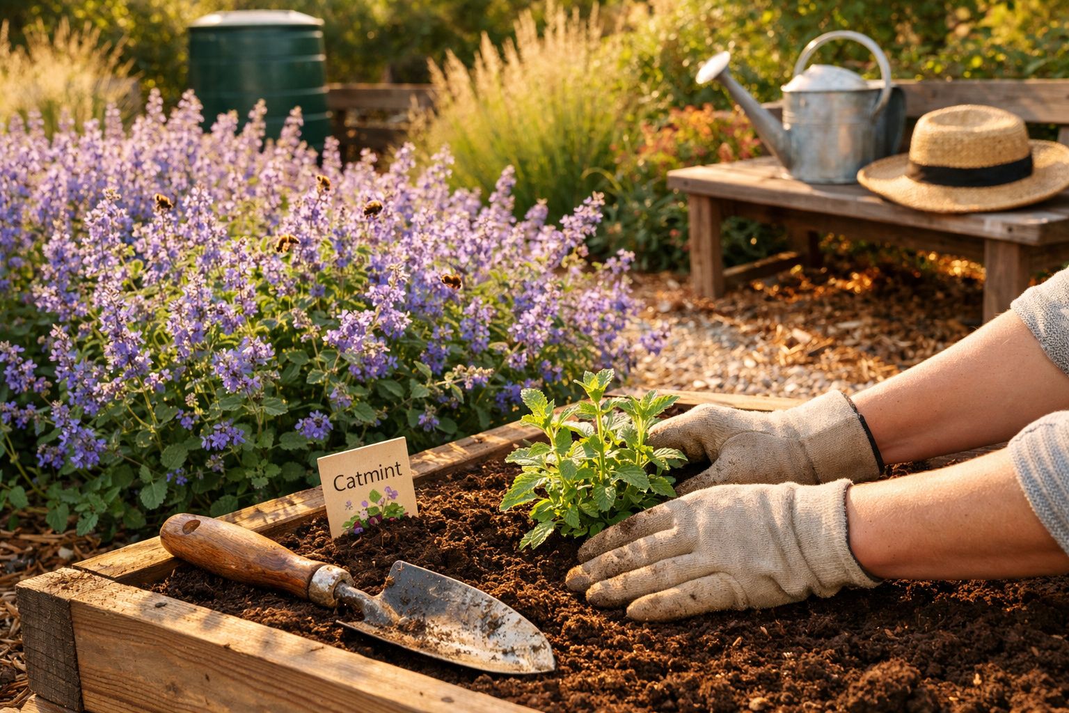 Pessoa a plantar erva-cidreira num canteiro de madeira com flores roxas e ferramentas de jardinagem ao lado.