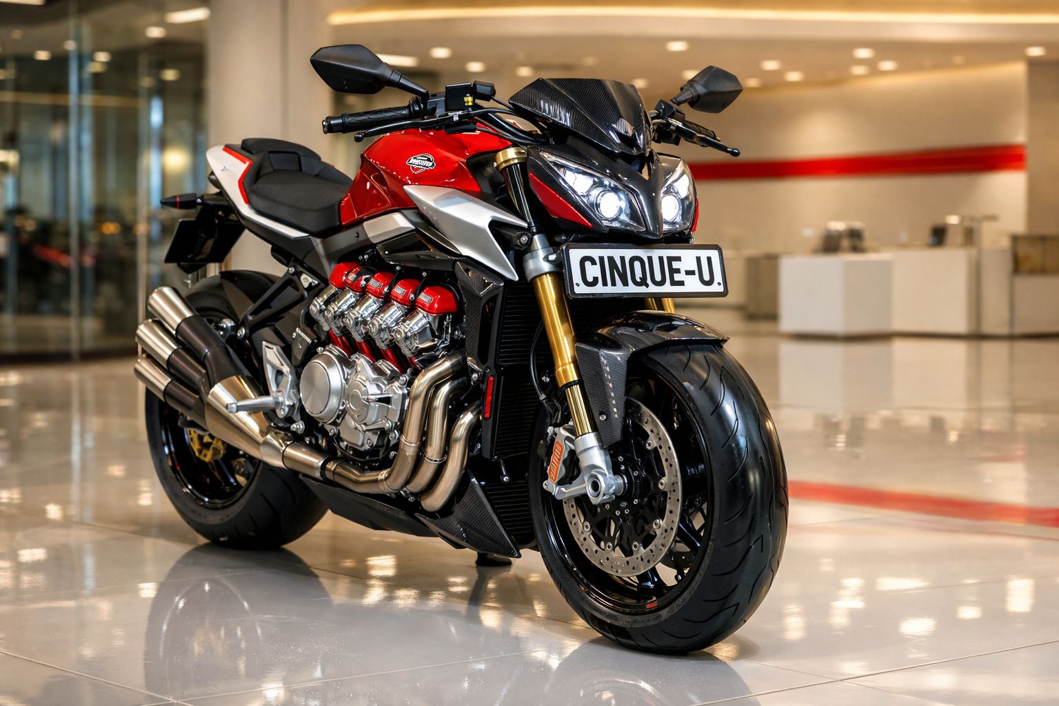 Motocicleta desportiva vermelha com design robusto estacionada em piso reflectido interior.