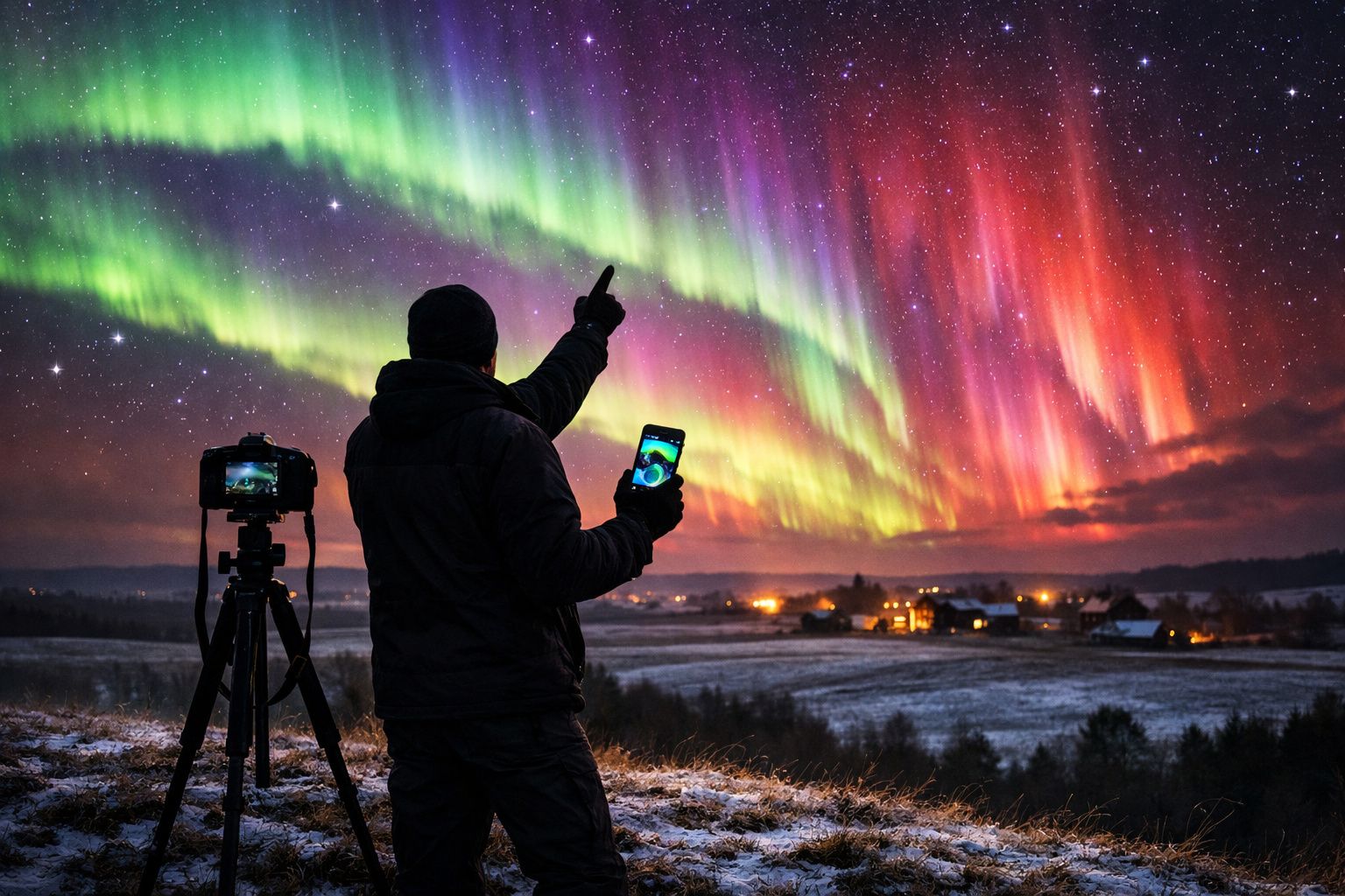 Pessoa a fotografar aurora boreal colorida no céu noturno com câmara e smartphone numa paisagem rural.
