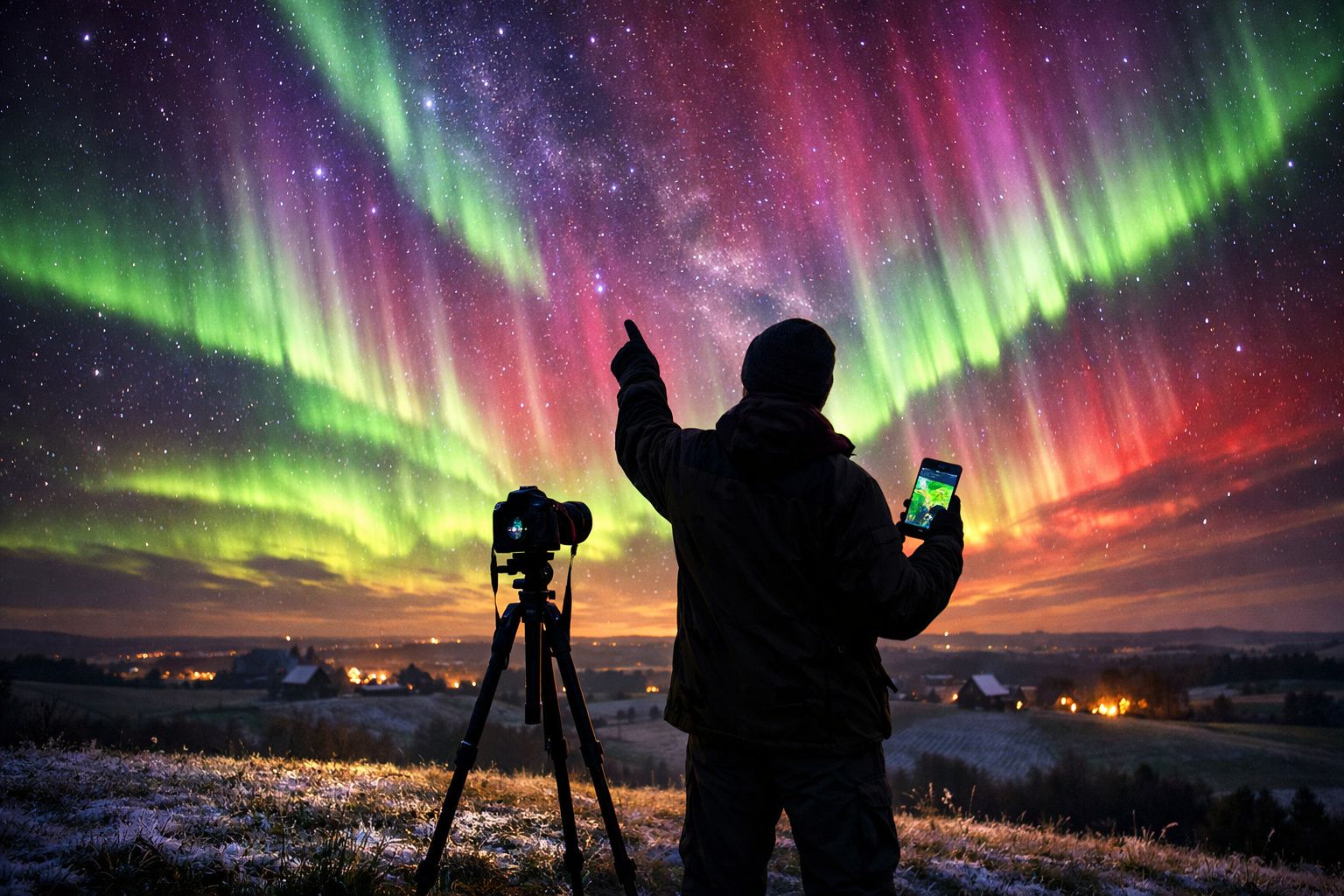 Pessoa com smartphone e câmara num tripé a fotografar uma aurora boreal colorida no céu noturno estrelado.