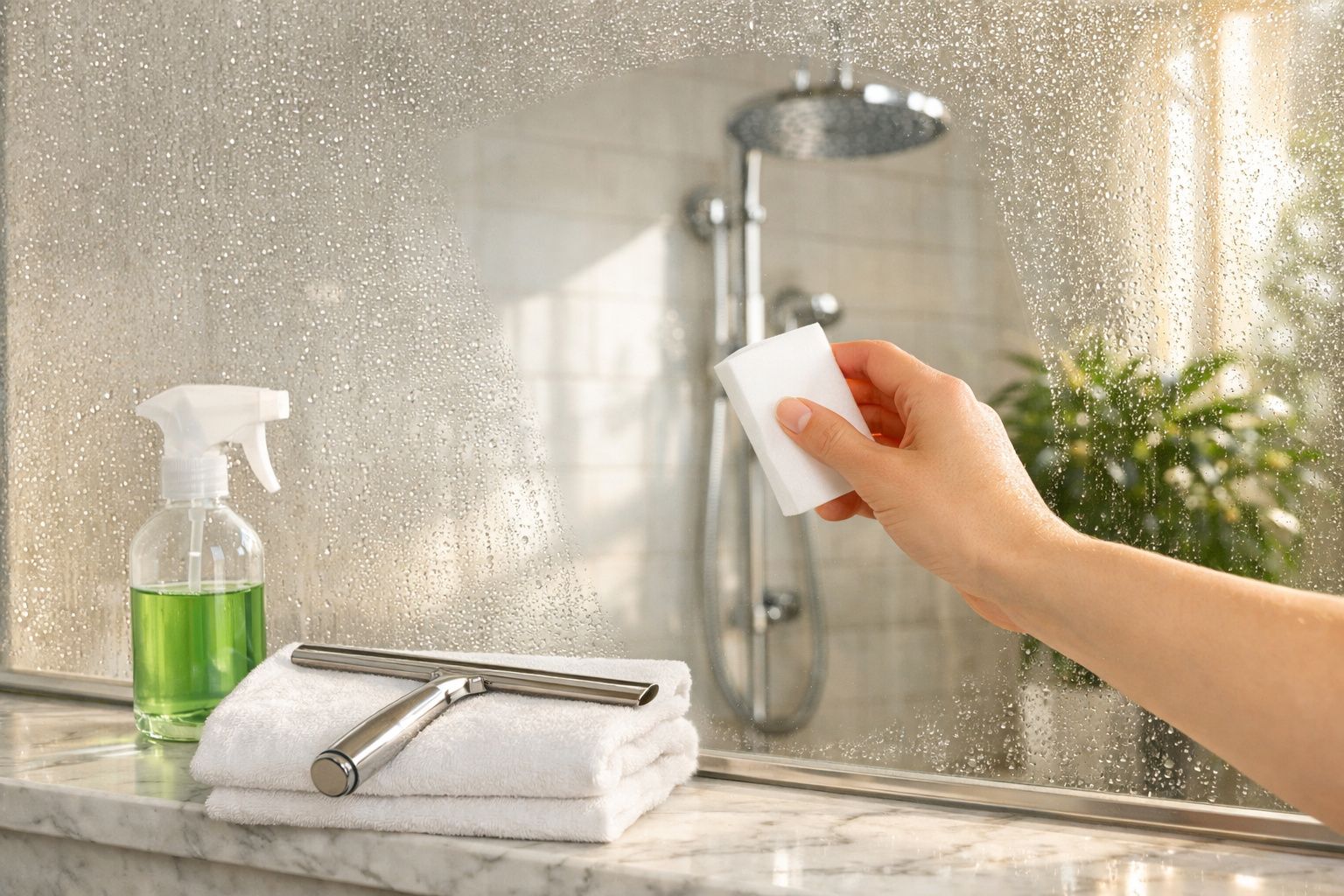 Pessoa a limpar o espelho do banheiro com esponja, ao lado toalha branca, aparador e spray verde.