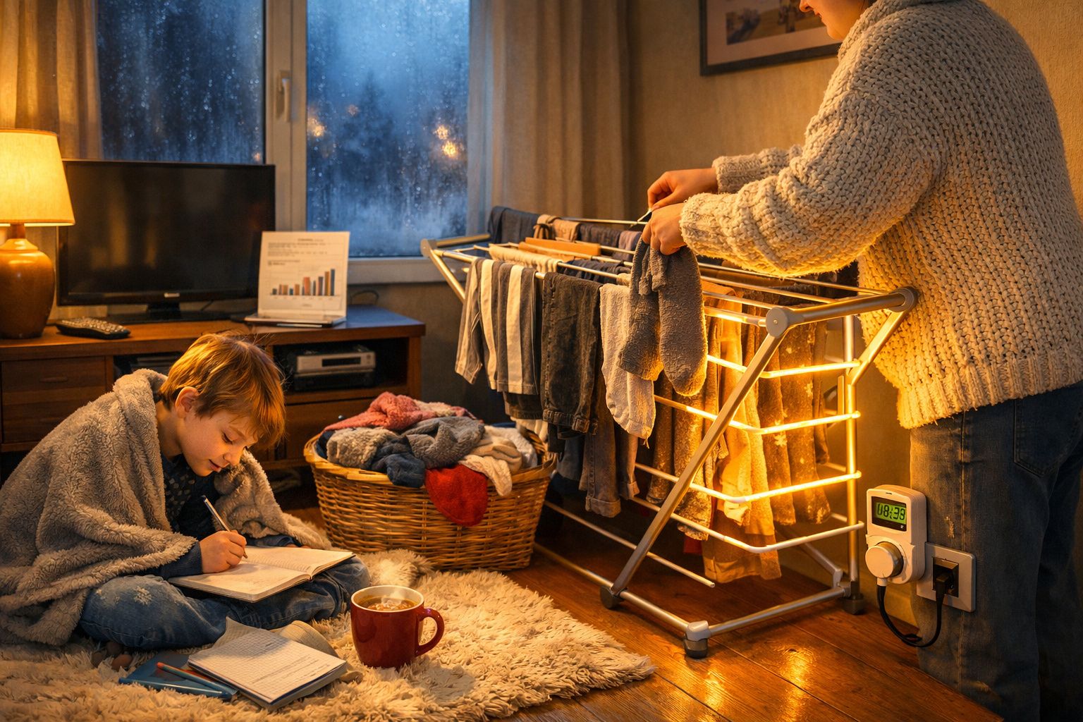 Criança a fazer tarefas enrolada numa manta, enquanto adulto seca roupa num estendal aquecido em casa.