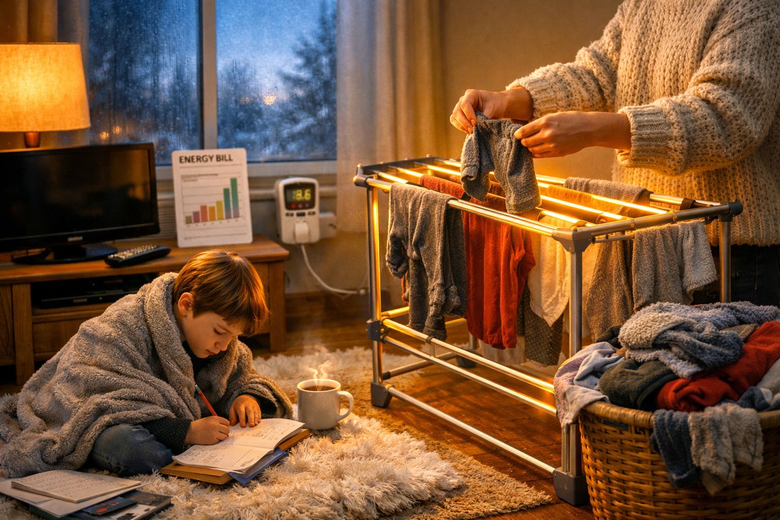 Criança a estudar no chão junto a adulto a secar roupa num estendal elétrico numa sala acolhedora à noite.