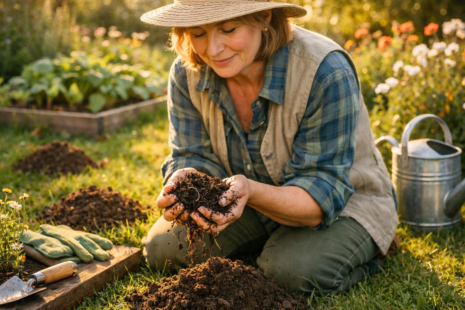Mulher sorridente a segurar terra no jardim, rodeada de flores e ferramentas de jardinagem.