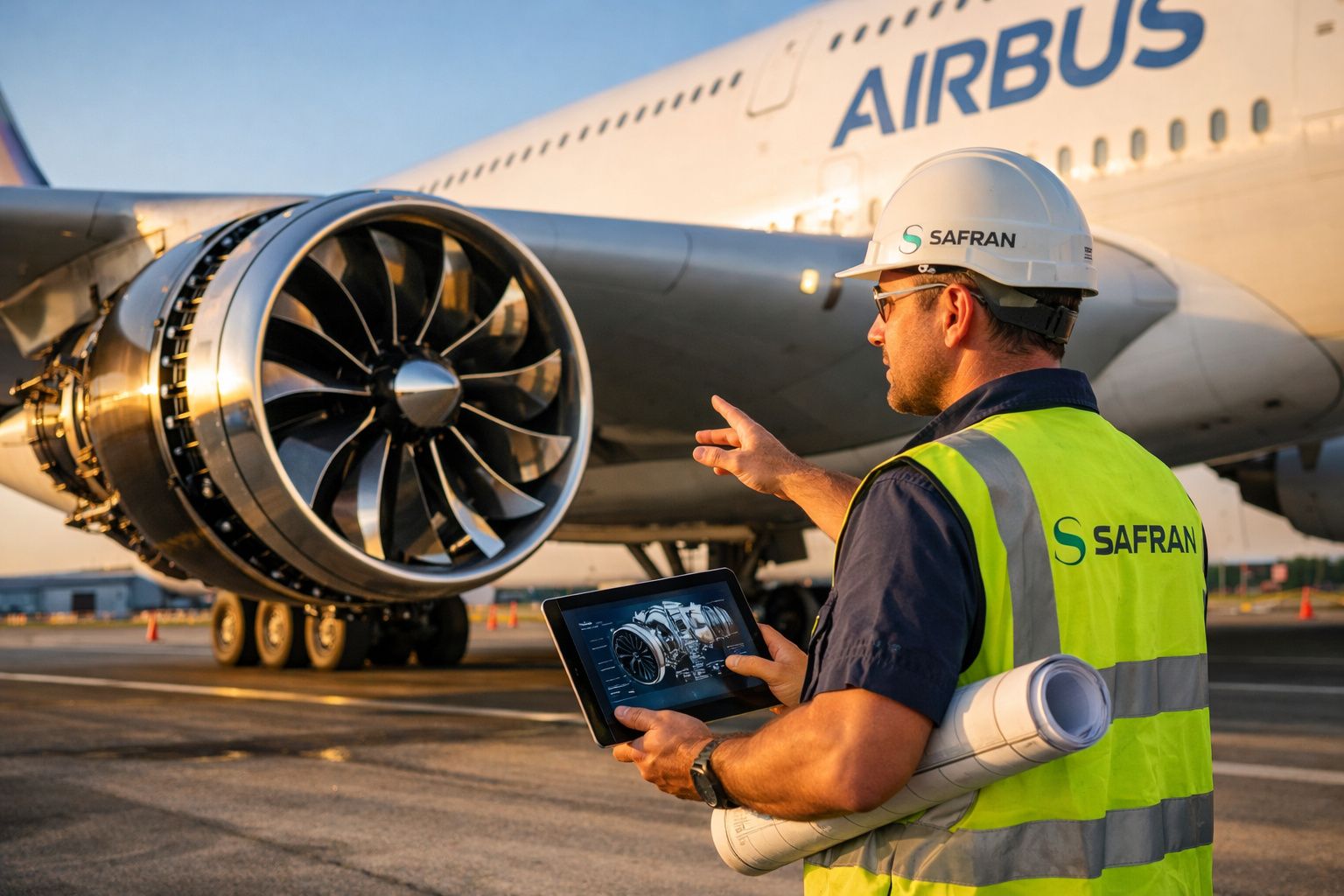 Técnico da Safran inspeciona motor de avião Airbus com tablet e capacete num aeroporto ao pôr do sol.