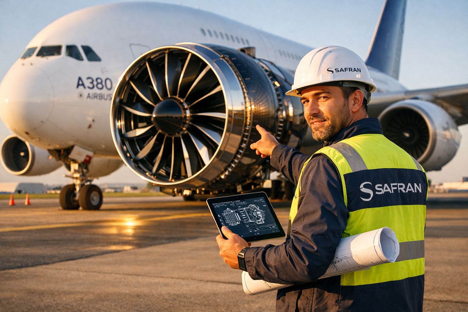 Engenheiro com capacete e colete da Safran aponta para motor de avião Airbus A380 enquanto segura tablet e plantas.