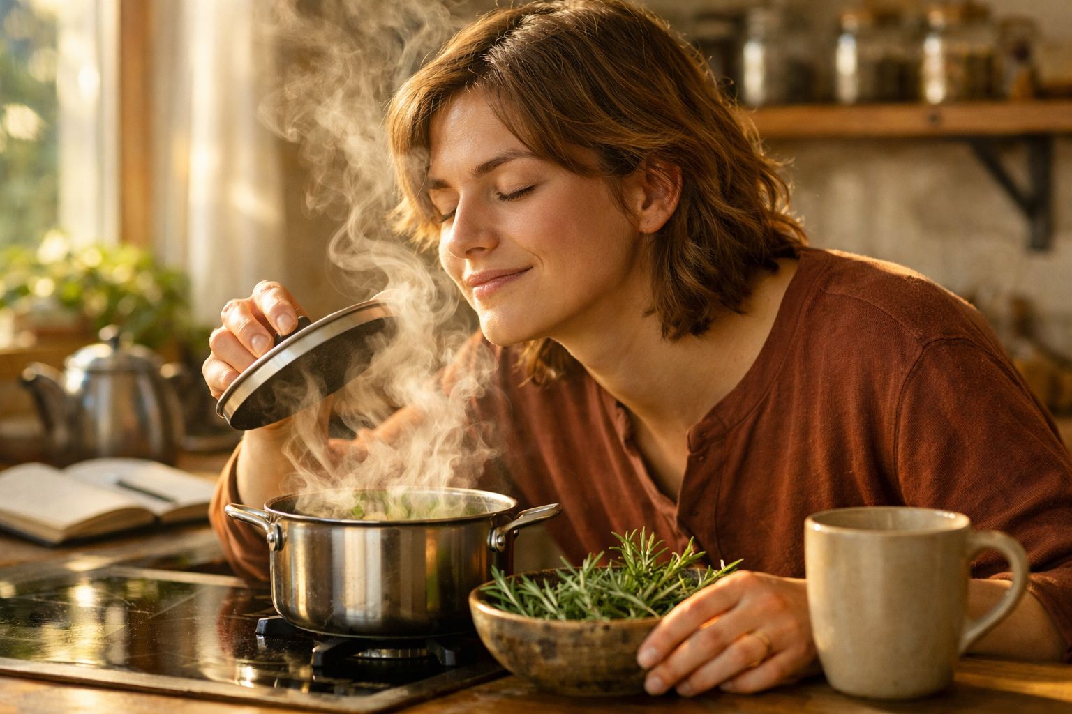Mulher cheira a vapor quentinho a sair de panela numa cozinha acolhedora, com ervas e chá à frente.