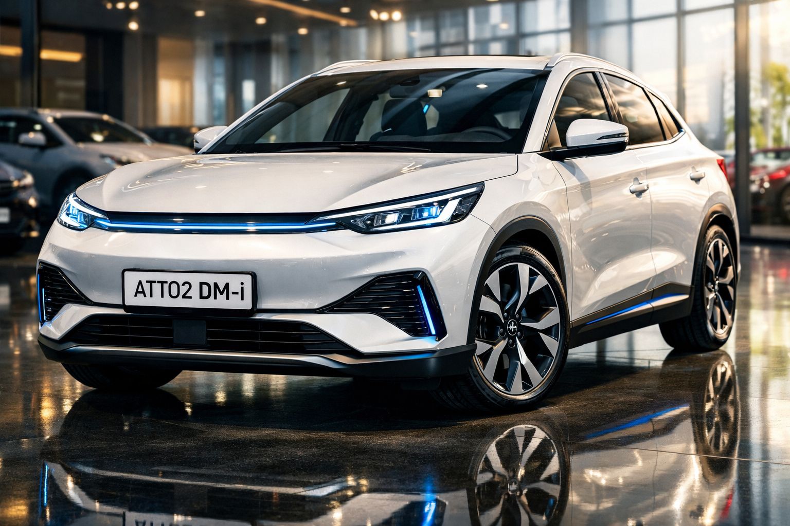 Carro elétrico branco ATTO2 DM-i estacionado em interior moderno com pavimento refletor.