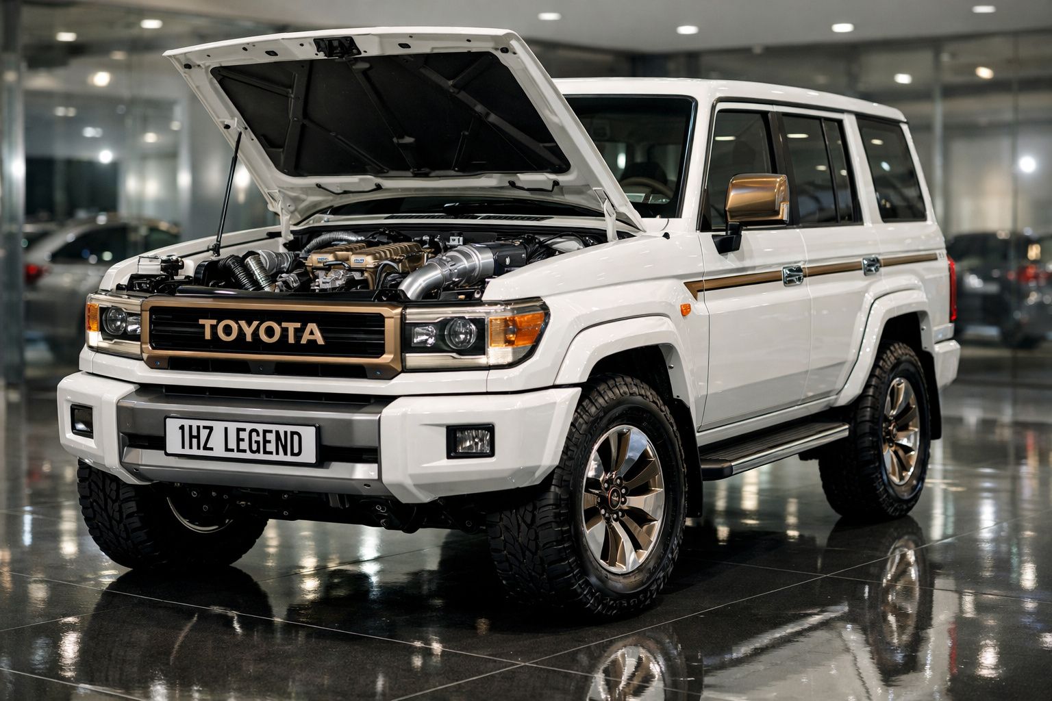 Toyota Land Cruiser branco com capô aberto e motor visível em showroom iluminado.