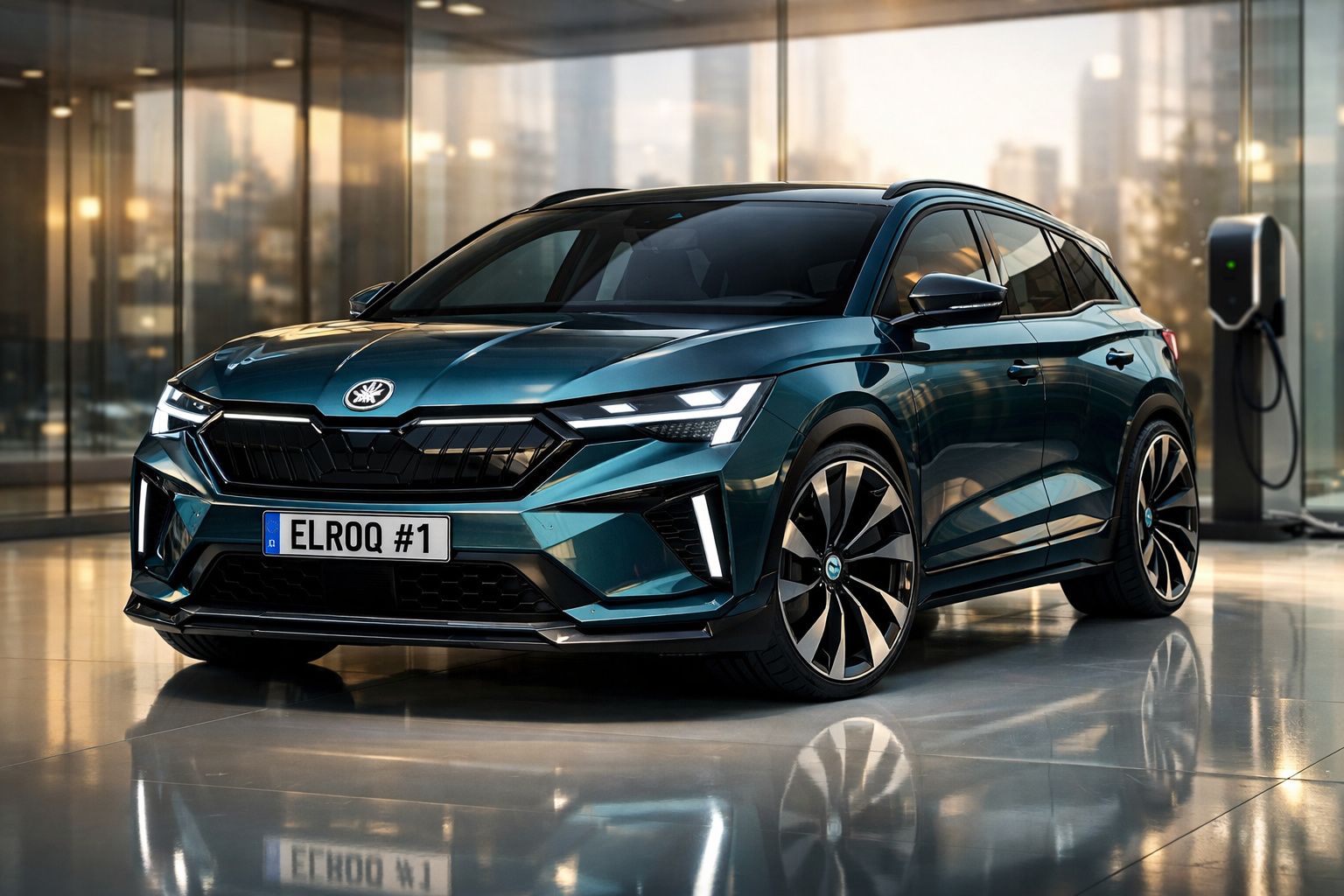 Automóvel elétrico SUV azul escuro estacionado em ambiente moderno com estação de carregamento.