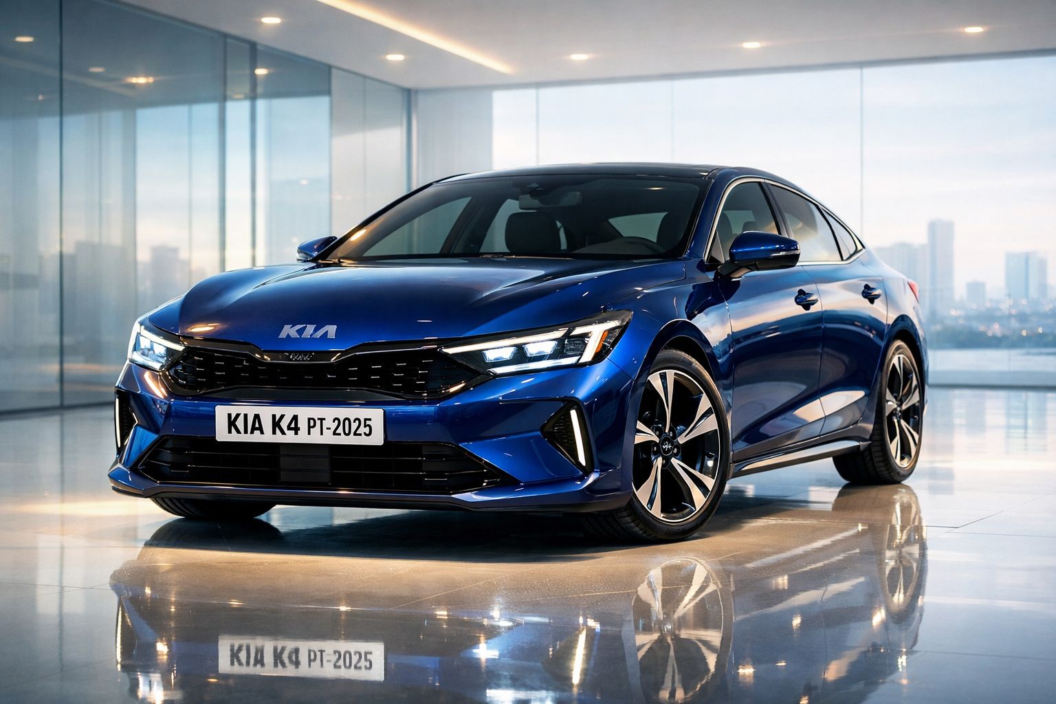 Carro azul Kia K4 2025 em ambiente interior com pavimento brilhante e fundo urbano desfocado.