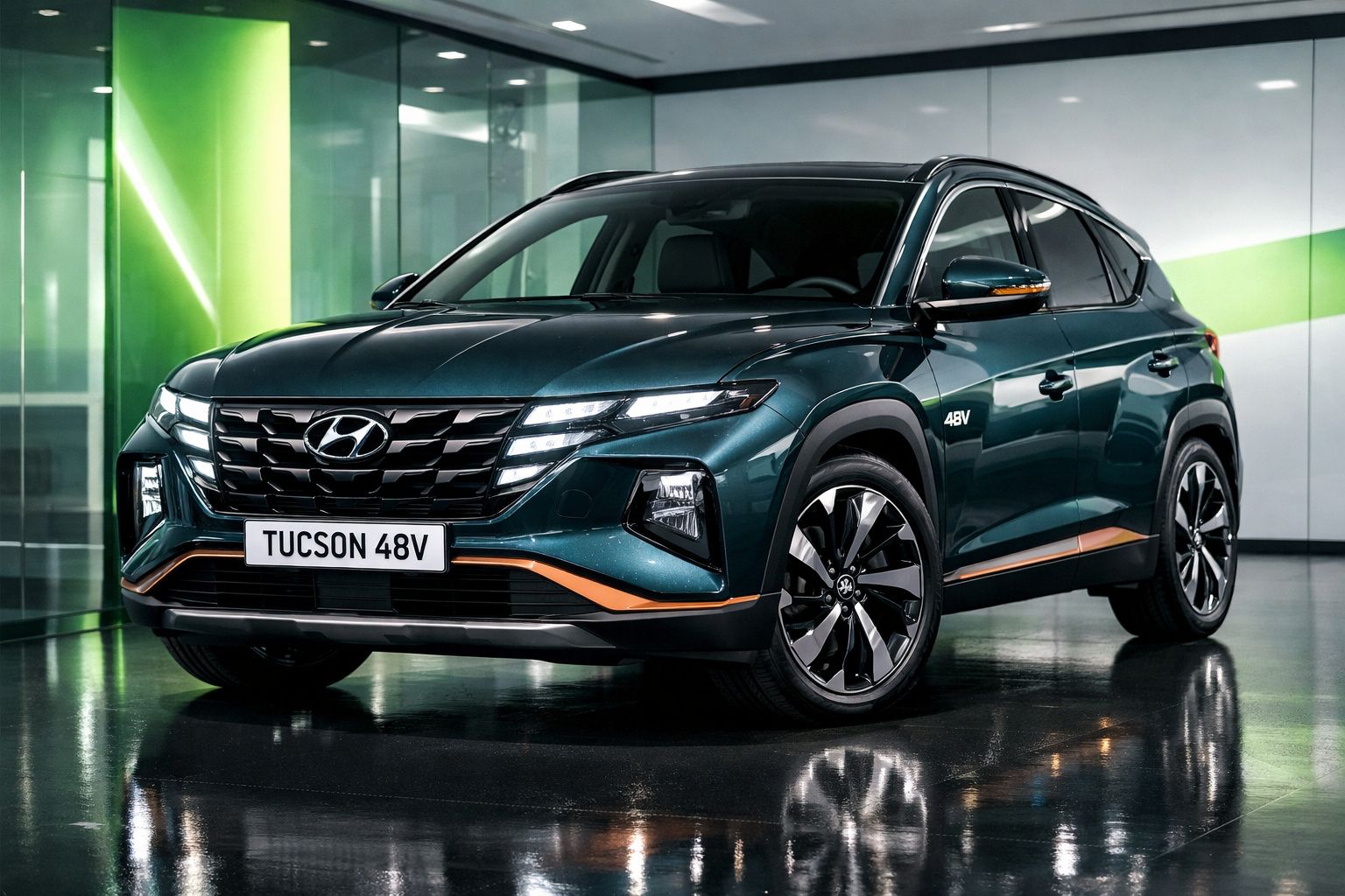 Automóvel Hyundai Tucson 48V verde escuro estacionado em espaço interior moderno.