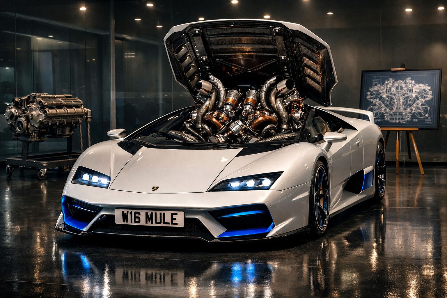 Carro desportivo branco com motor W16 exposto e luzes dianteiras acesas num showroom moderno.