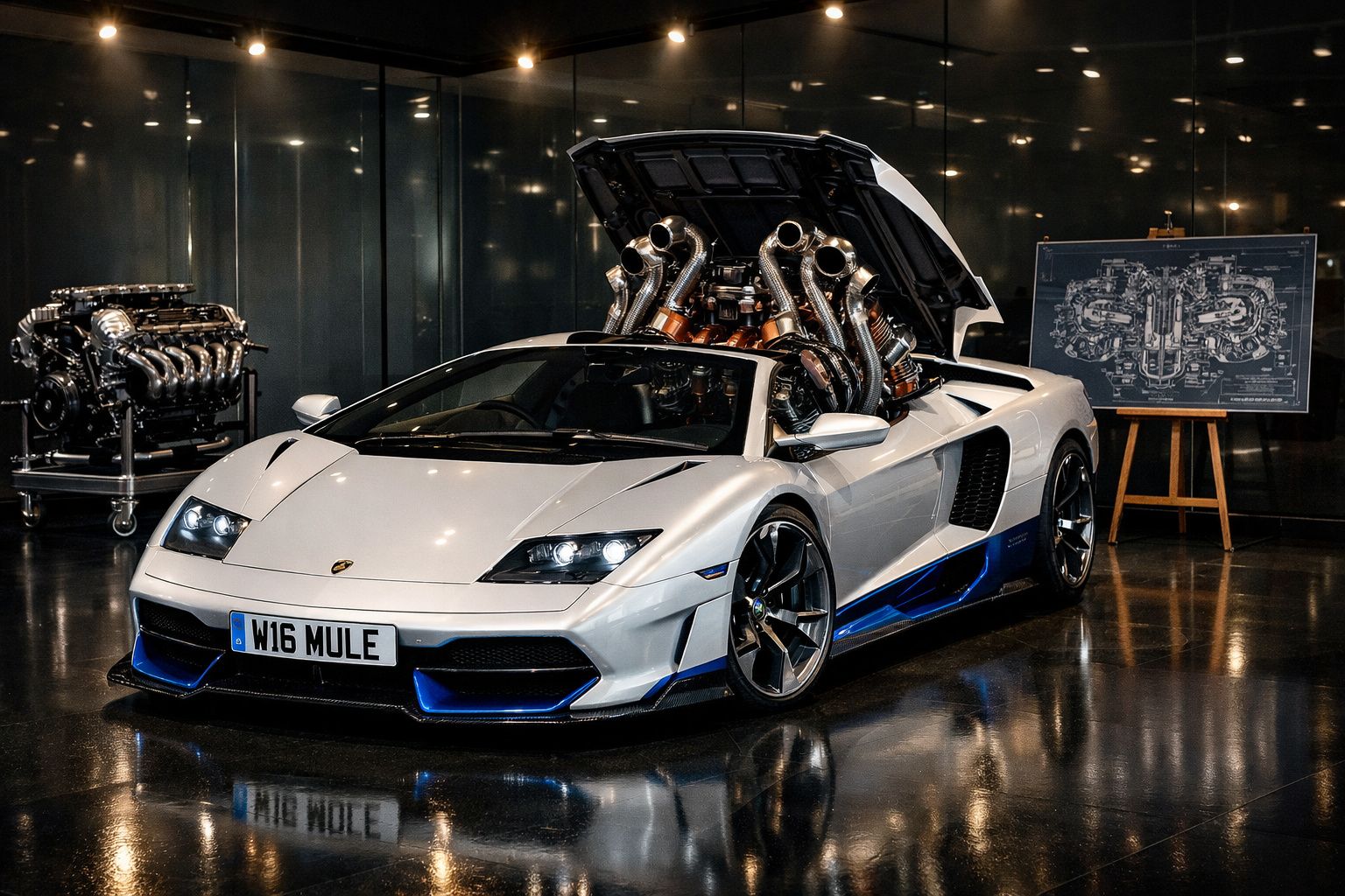 Carro desportivo branco com motor W16 exposto no capot, em exposição num ambiente fechado escuro.