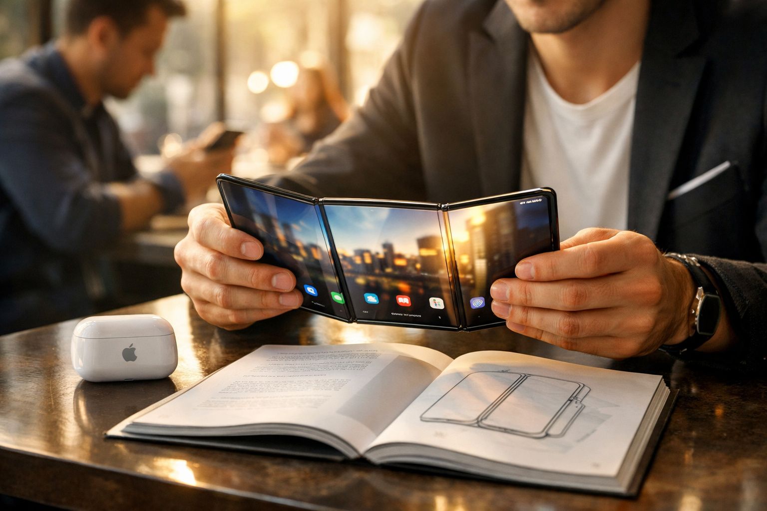 Pessoa a segurar um telemóvel dobrável aberto sobre uma mesa com um livro e auriculares brancos.